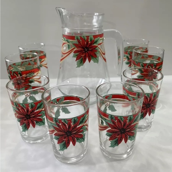 Vintage Poinsettia And Holly Berry Juice Water Pitcher And 8 Glasses Christmas - Picture 1 of 6